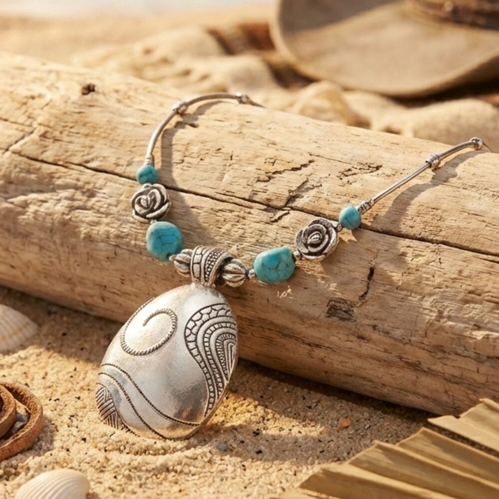 Silver Pendant Necklace with Turquoise Beads - Women's Fashion Jewelry